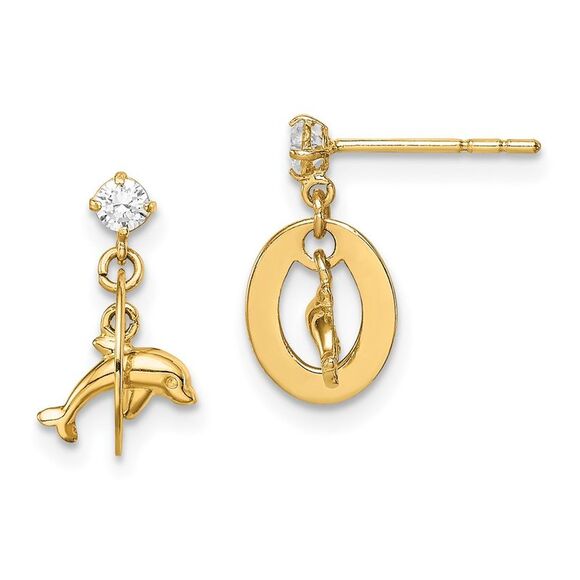 Kazi Luxury 14k Yellow Gold Madi K CZ Oval with Dolphin Dangle Post Earrings